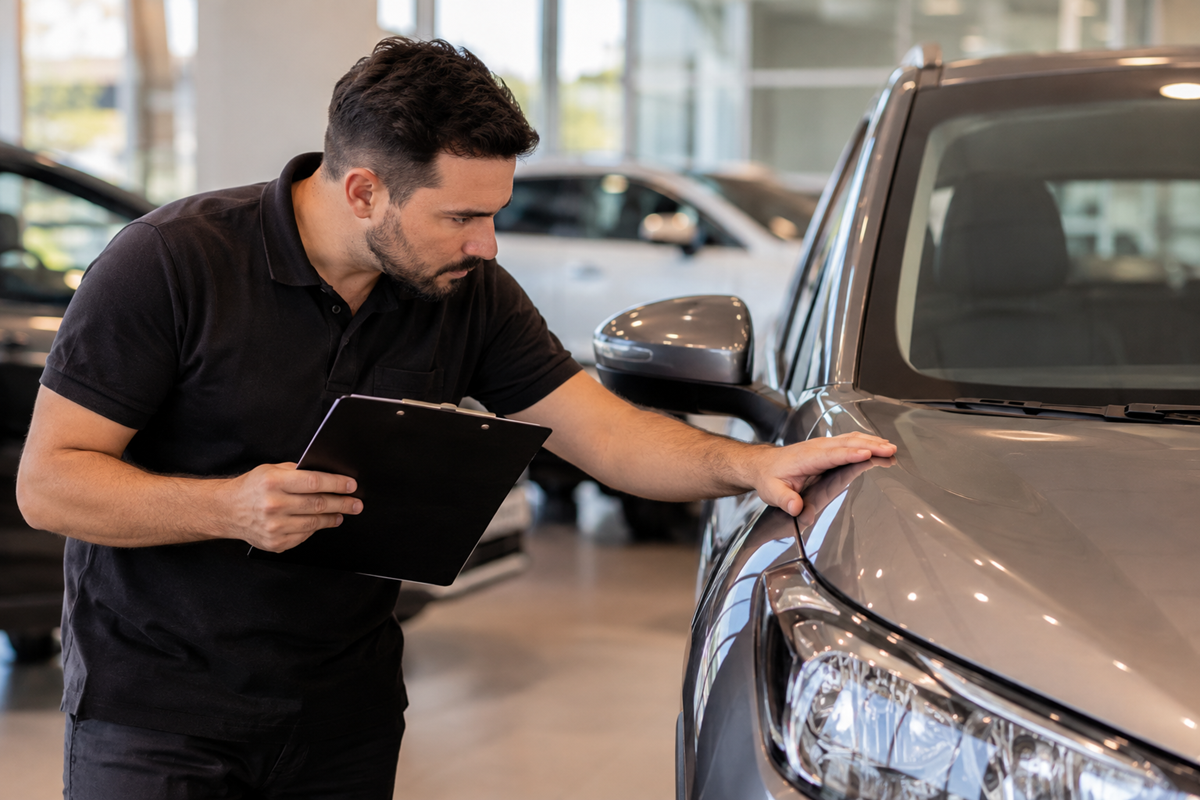 Homem Inspeciona Carro no Showroom, troca